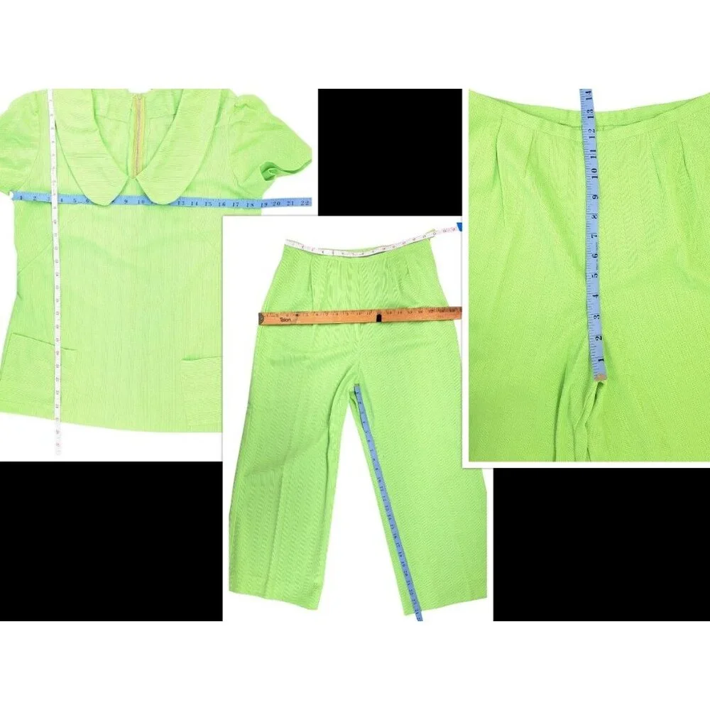 Vintage Handmade Pant Suit Polyester Top Crop Pants Women Large Green 2 Piece - Picture 15 of 16